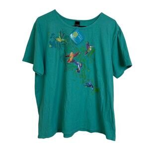 Sabaku Art Wear Shirt Womens XL Green Floral Short Sleeve Colorful Graphic Birds